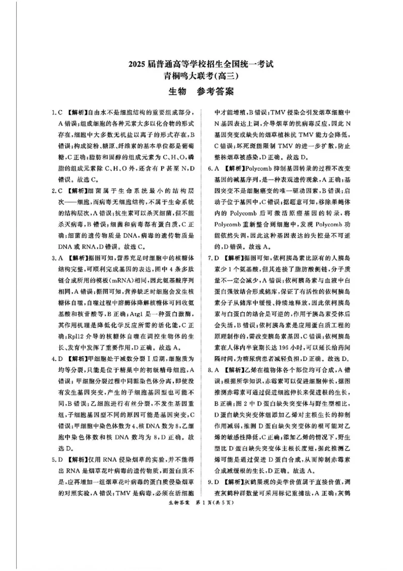 生物答案_2025年5月_2505112025届高三下学期5月青桐鸣大联考_2025届高三下学期5月青桐鸣大联考生物