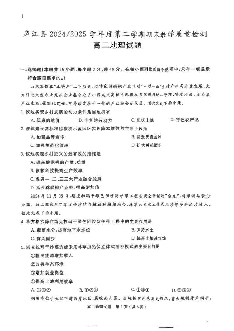 地理_2025年8月_250804安徽省合肥市庐江县2024-2025学年高二下学期期末（全科）_安徽省合肥市庐江县2024-2025学年高二下学期7月期末地理试题（含答案）