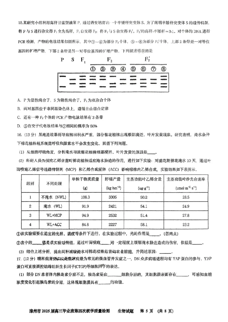 福建省漳州市2025届高三毕业班第四次教学质量检测生物_2025年5月_250513福建省漳州市2025届高三毕业班第四次教学质量检测（漳州四检）（全科）