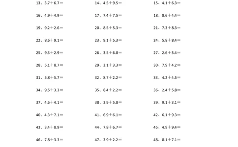 1位小数+1位小数第1-20篇_编码0121-6年级数学口算计算_口算题（适合4年级）_小数-加法（160篇）_（小数）1位小数+1位小数（100篇）