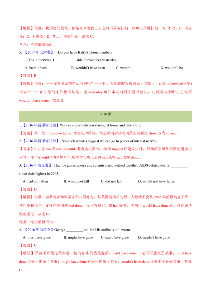 专题07情态动词和虚拟语气(教师卷)--十年（2015-2024）高考真题英语分项汇编（全国通用）_近10年高考真题汇编（必刷）_十年（2014-2024）高考英语真题分类汇编（全国通用）