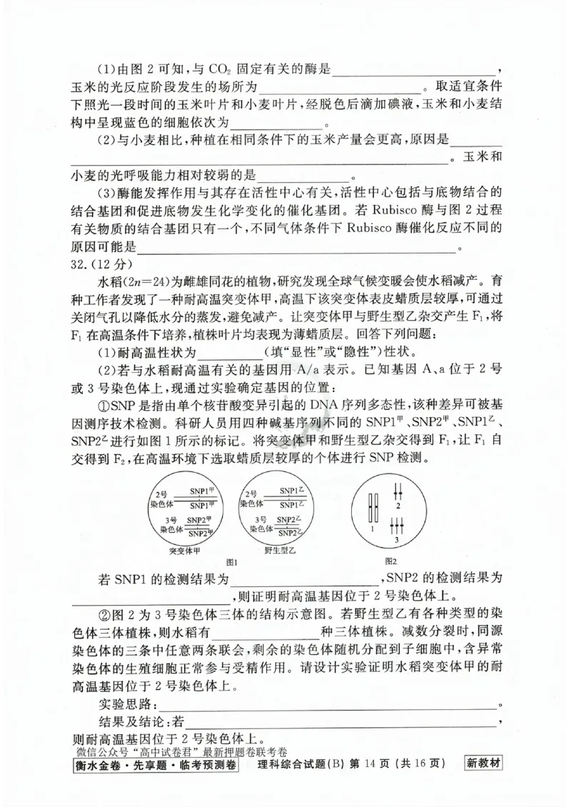 2023衡水临考预测（全国卷新教材）理综b卷_2023高考押题卷_2023衡水临考预测（全国卷新教材）