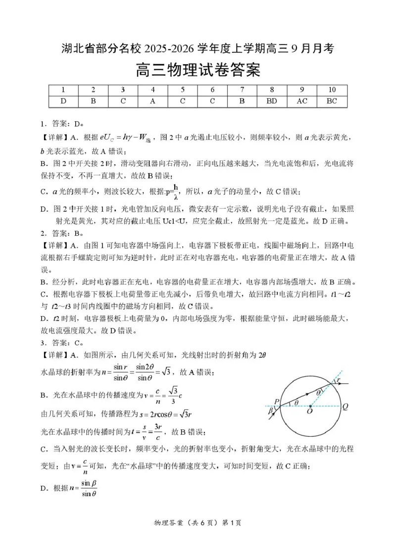 湖北省部分名校2026届高三上学期9月月考物理答案_2025年9月_250920湖北省部分名校2025-2026学年高三上学期9月月考（全科）