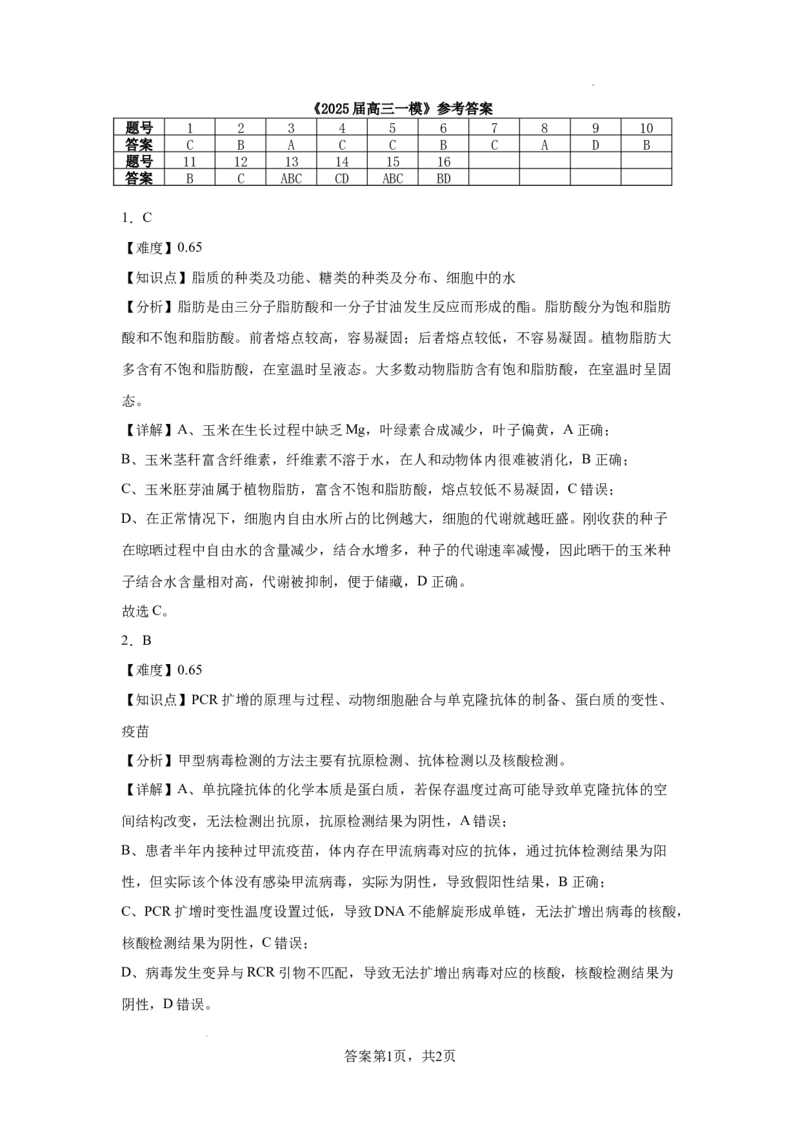 湖南省长沙市望城区第一中学2025届高三一模试题生物答案_2025年3月_250322湖南省长沙市望城区第一中学2025届高三一模试题