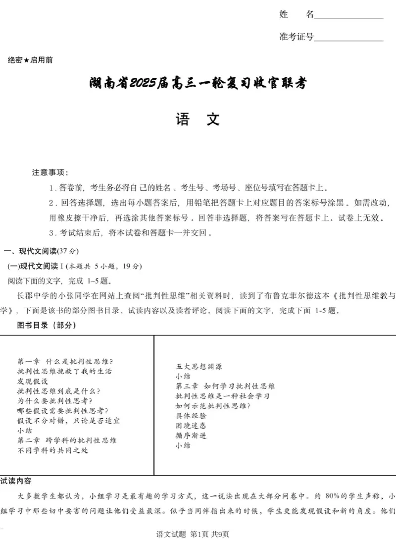 语文_2025年2月_2502192025届湖南省高三下学期一轮复习收官联考_湖南省2025届高三下学期一轮复习收官联考语文试题（含答案）