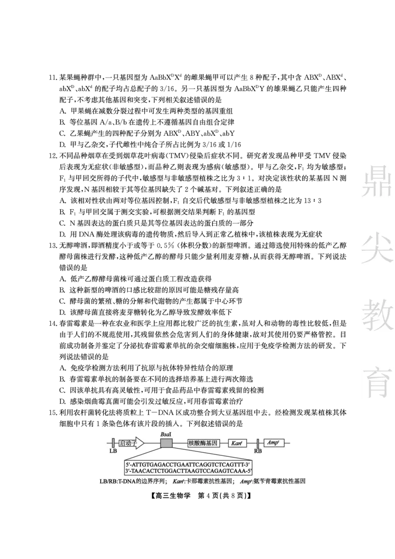 安徽省鼎尖教育2024-2025学年高三逐梦杯实验班大联考生物_2025年4月_250418安徽省鼎尖教育2024-2025学年高三逐梦杯实验班大联考（全科）