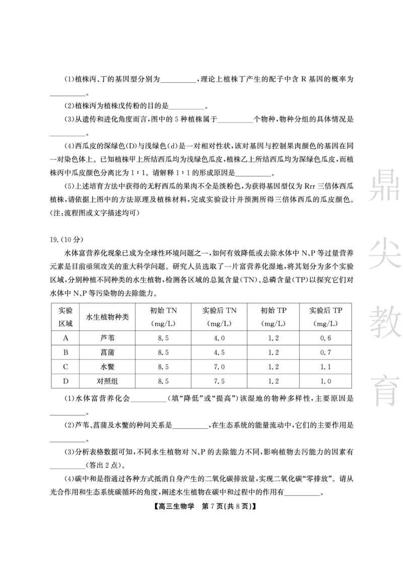 安徽省鼎尖教育2024-2025学年高三逐梦杯实验班大联考生物_2025年4月_250418安徽省鼎尖教育2024-2025学年高三逐梦杯实验班大联考（全科）