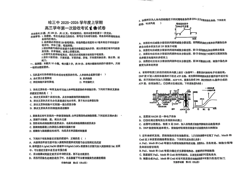 哈三中2025-2026学年度上学期高三学年第一次验收考试生物_2025年9月_250913黑龙江省哈尔滨市第三中学校2025-2026学年高三上学期9月月考（全科）