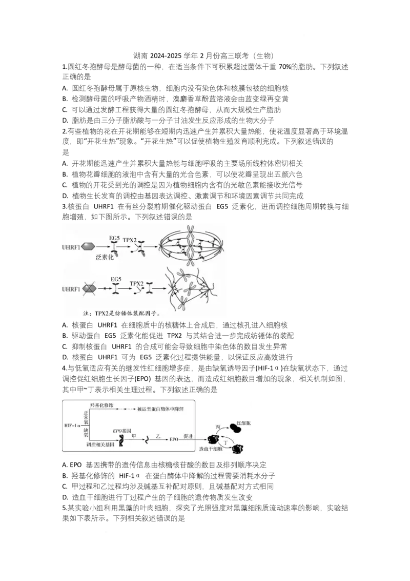 湖南省部分学校2024-2025学年高三下学期2月联考生物试题_2025年2月_250218湖南2025届高三天一大联考2月联考_湖南省天一大联考2024-2025学年高三下学期2月联考生物