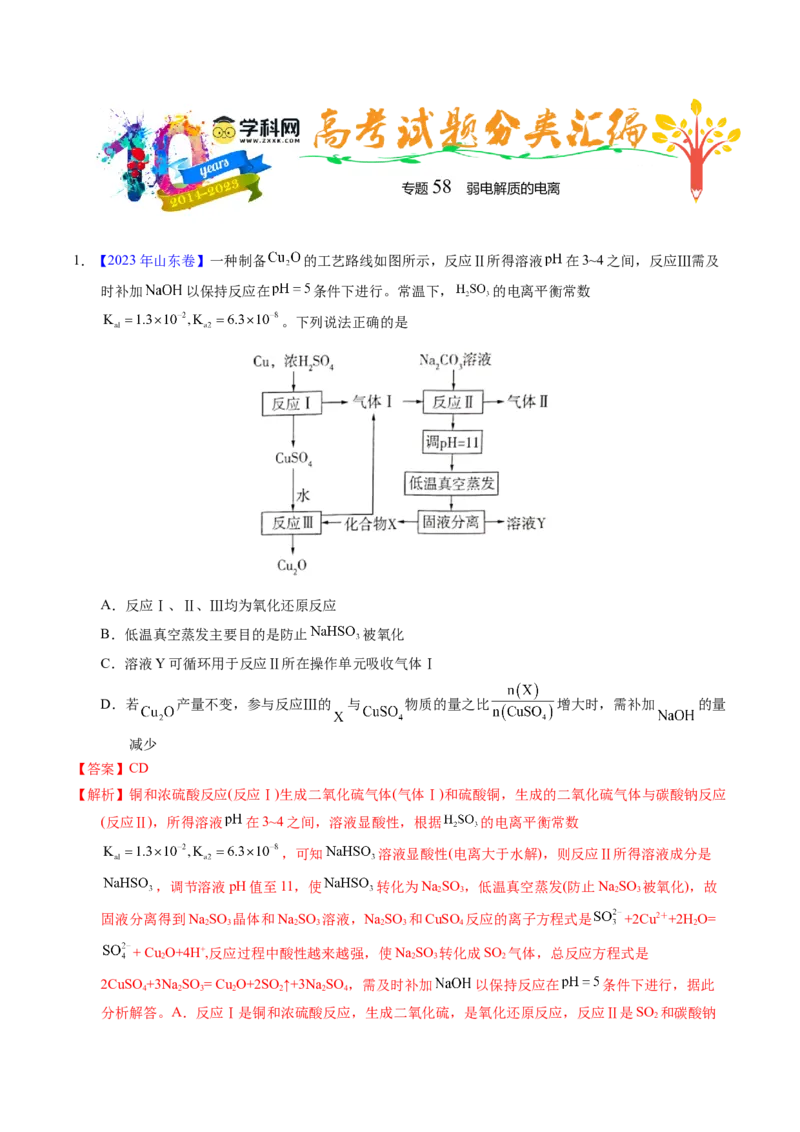 专题58弱电解质的电离（解析卷）_近10年高考真题汇编（必刷）_十年（2014-2024）高考化学真题分项汇编（全国通用）_十年（2014-2023）高考化学真题分项汇编（全国通用）