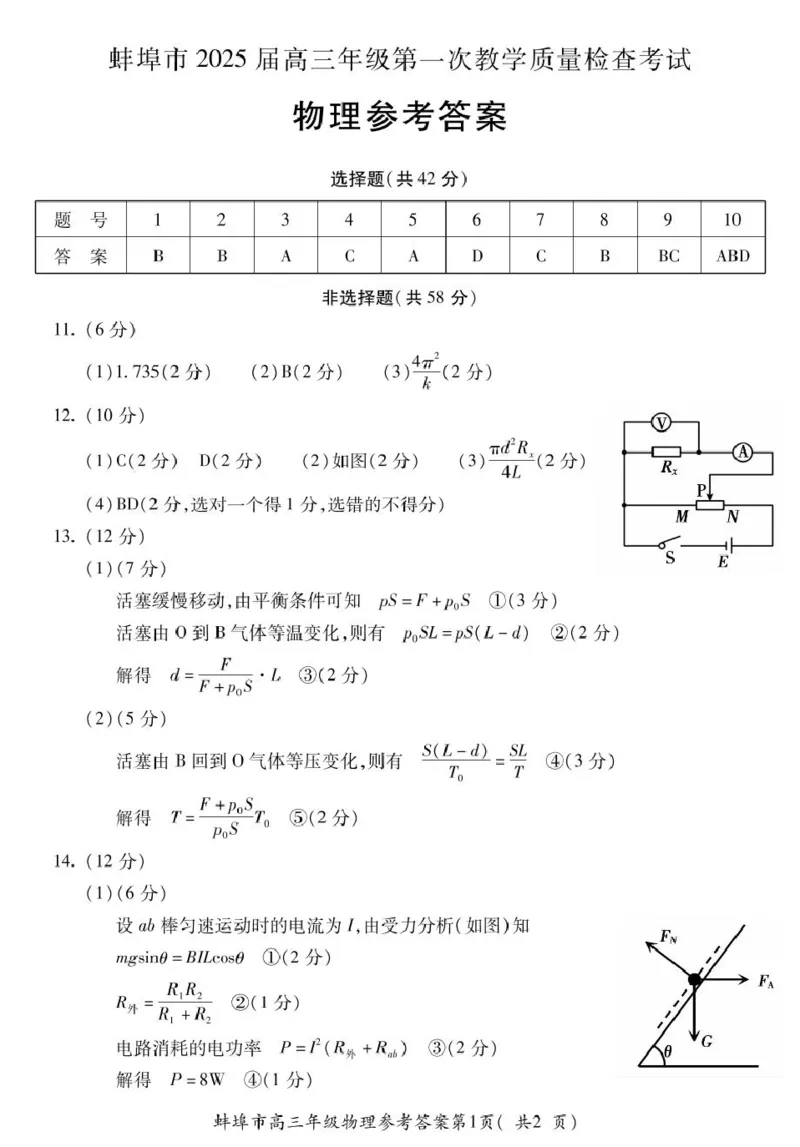 安徽省蚌埠市2025届高三上学期第一次教学质量检查考试（1月）物理PDF版含答案_2025年1月_250123安徽省蚌埠市2025届高三上学期第一次教学质量检查考试（1月）（全科）