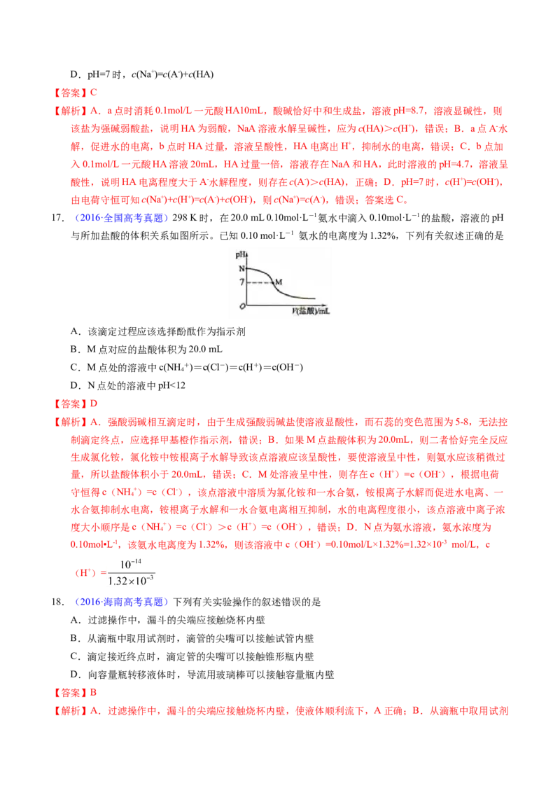 专题60酸碱中和滴定及曲线（解析卷）_近10年高考真题汇编（必刷）_十年（2014-2024）高考化学真题分项汇编（全国通用）_十年（2014-2023）高考化学真题分项汇编（全国通用）