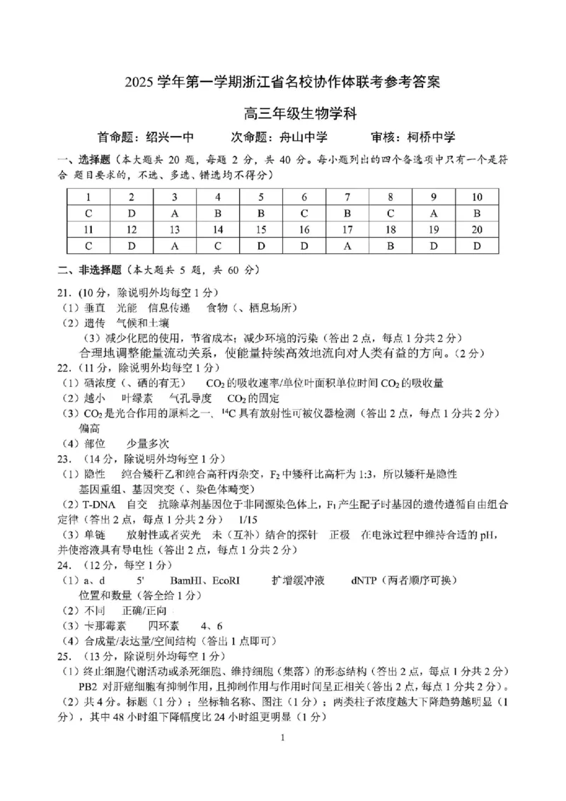 生物答案｜26届名校协作体9月返校考（高三）_2025年9月_250902浙江名校协作体（G12）2025年9月2026届高三返校联考（全科）_2025年9月浙江省名校协作体高三九月返校联考生物试卷含答案
