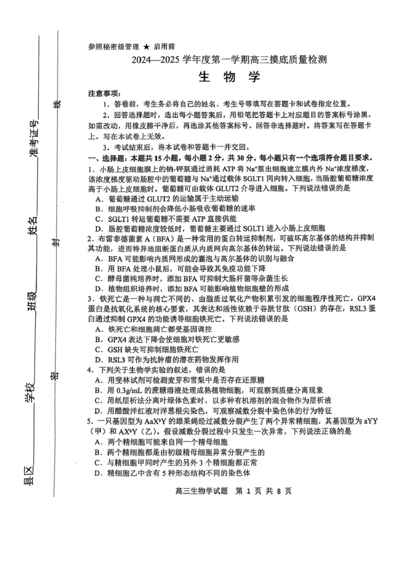 生物试卷_2025年1月_250112山东省淄博市2024-2025学年第一学期高三期末摸底质量检测_山东省淄博市2024-2025学年第一学期高三期末摸底质量检测生物