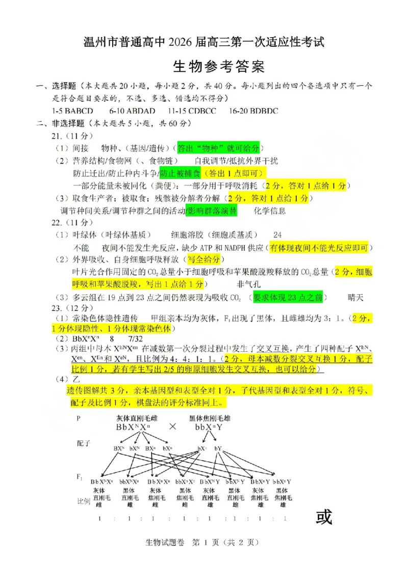 温州市普通高中2026届高三第一次适应性考试生物答案_2025年11月_251122浙江温州一模浙江省温州市普通高中2026届高三第一次适应性考试（全科）