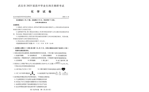 湖北省武汉市2025届高中毕业生四月调研考试化学_2025年4月_250418湖北省武汉市2025届高中毕业生四月调研考试（全科）_湖北省武汉市2025届高中毕业生四月调研考试化学