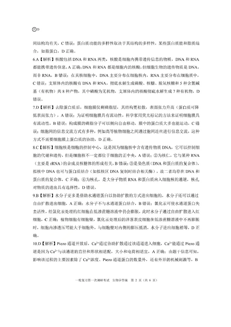 生物答案（D）_2025年10月_2510182026届百师联盟高三上学期第一次调研考试（10月）（全科）_2026届百师联盟高三上学期第一次调研考试生物试卷（含答案）
