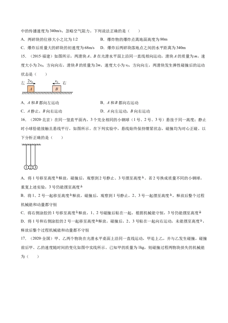 专题28动量守恒定律及其应用（一）（学生卷）-十年（2014-2023）高考物理真题分项汇编（全国通用）_近10年高考真题汇编（必刷）_十年（2014-2024）高考物理真题分项汇编（全国通用）