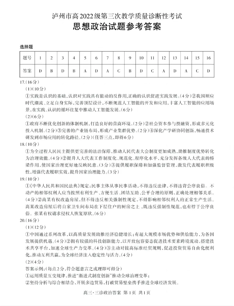 四川省泸州市高2022级第三次教学质量诊断性考试政治答案_2025年4月_250418四川省泸州市高2022级第三次教学质量诊断性考试（泸州三诊）（全科）