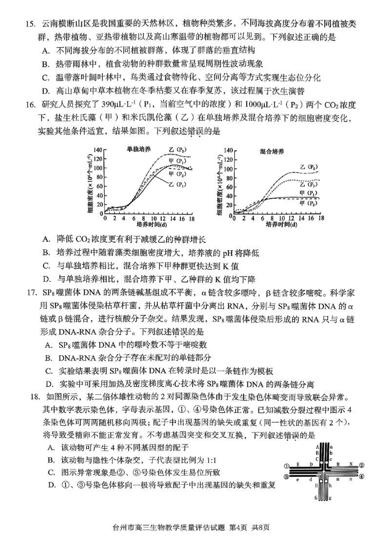 生物试卷-台州市2026届高三第一次教学质量评估_2025年11月_251117浙江台州一模-台州市2026届高三第一次教学质量评估（全科）_浙江省台州市2026届高三第一次教学质量评估生物