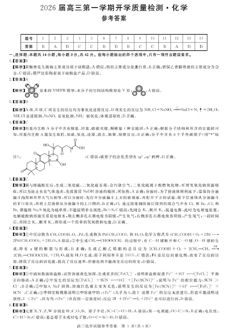 安徽省华师联盟2026届高三9月开学联考化学详解版答案_2025年9月_250911安徽省华师联盟2025-2026学年高三上学期开学质量检测_安徽省华师联盟2025-2026学年高三上学期开学质量检测化学试卷