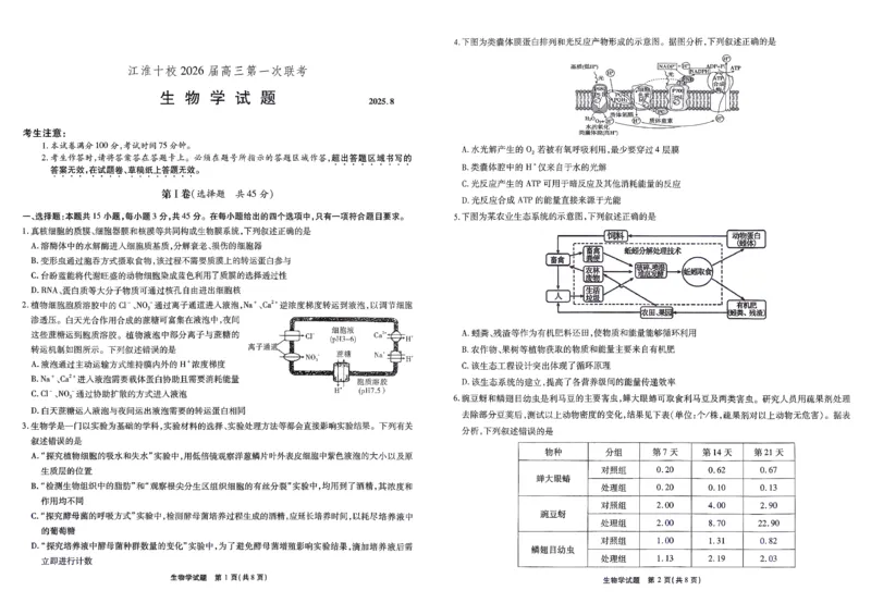 安徽省江淮十校2026届高三上学期8月第一次联考生物学试卷（含答案）_2025年8月_2508272026届安徽江淮十校高三上学期第一次联考（全科）
