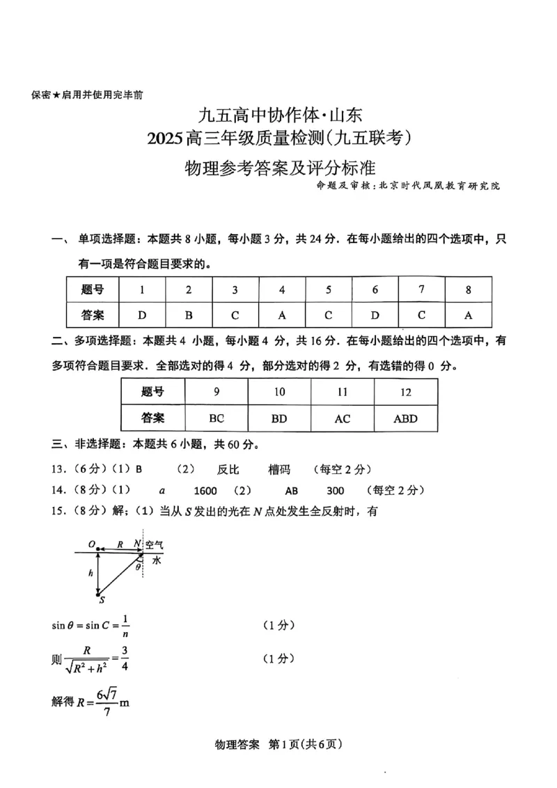 山东省九五高中协作体2025高三年级质量检测（九五联考）物理答案_2025年5月_250515山东省九五高中协作体2025高三年级质量检测（东营二模）（全科）