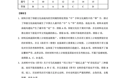 重庆市巴蜀中学高2025届高三3月适应性月考卷（六）历史答案_2025年3月_250316重庆市巴蜀中学高2025届高三3月适应性月考卷（六）（全科）
