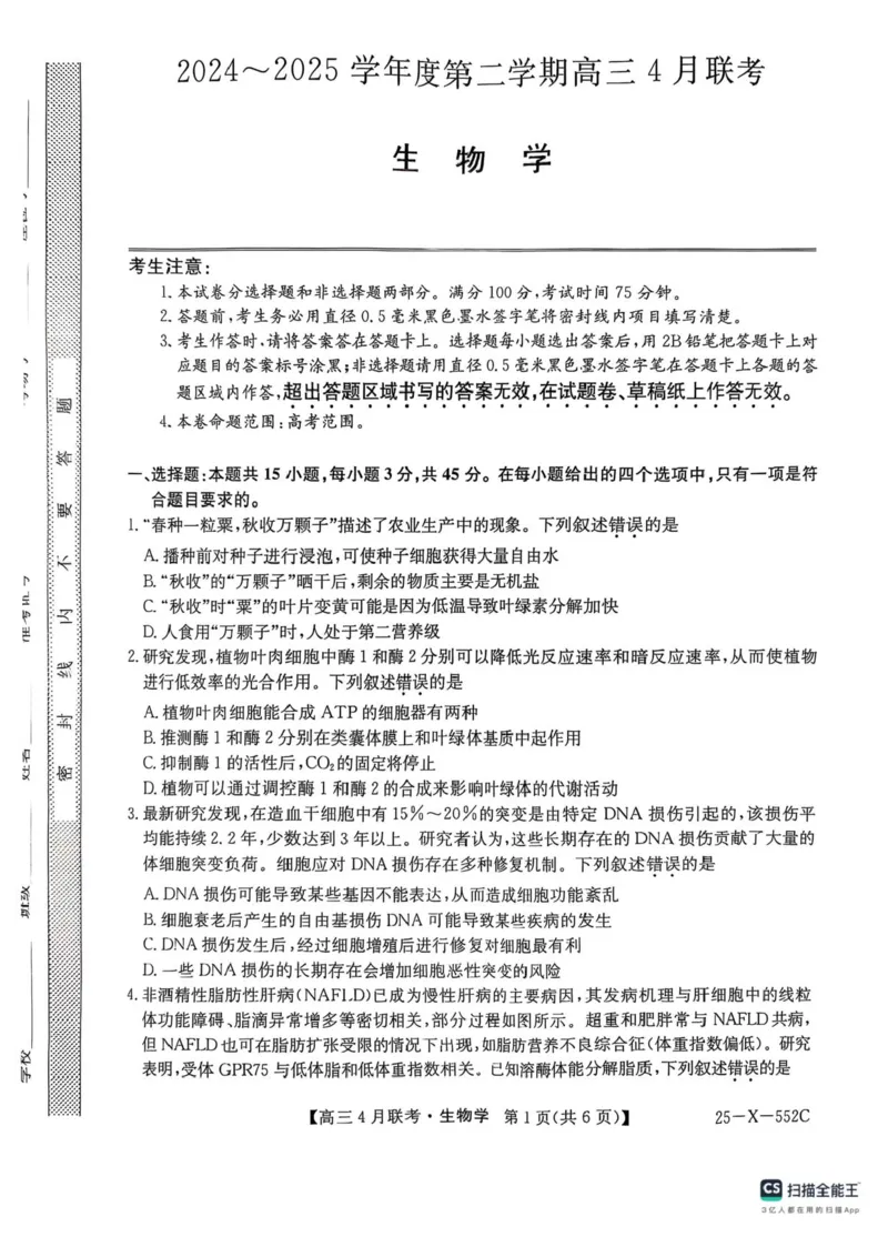 安徽省县域高中合作共享联盟2024-2025学年高三下学期4月月考生物试卷（含答案）_2025年4月_250427安徽县中联盟2024-2025学年度高三4月联考25-X-552C（全科）