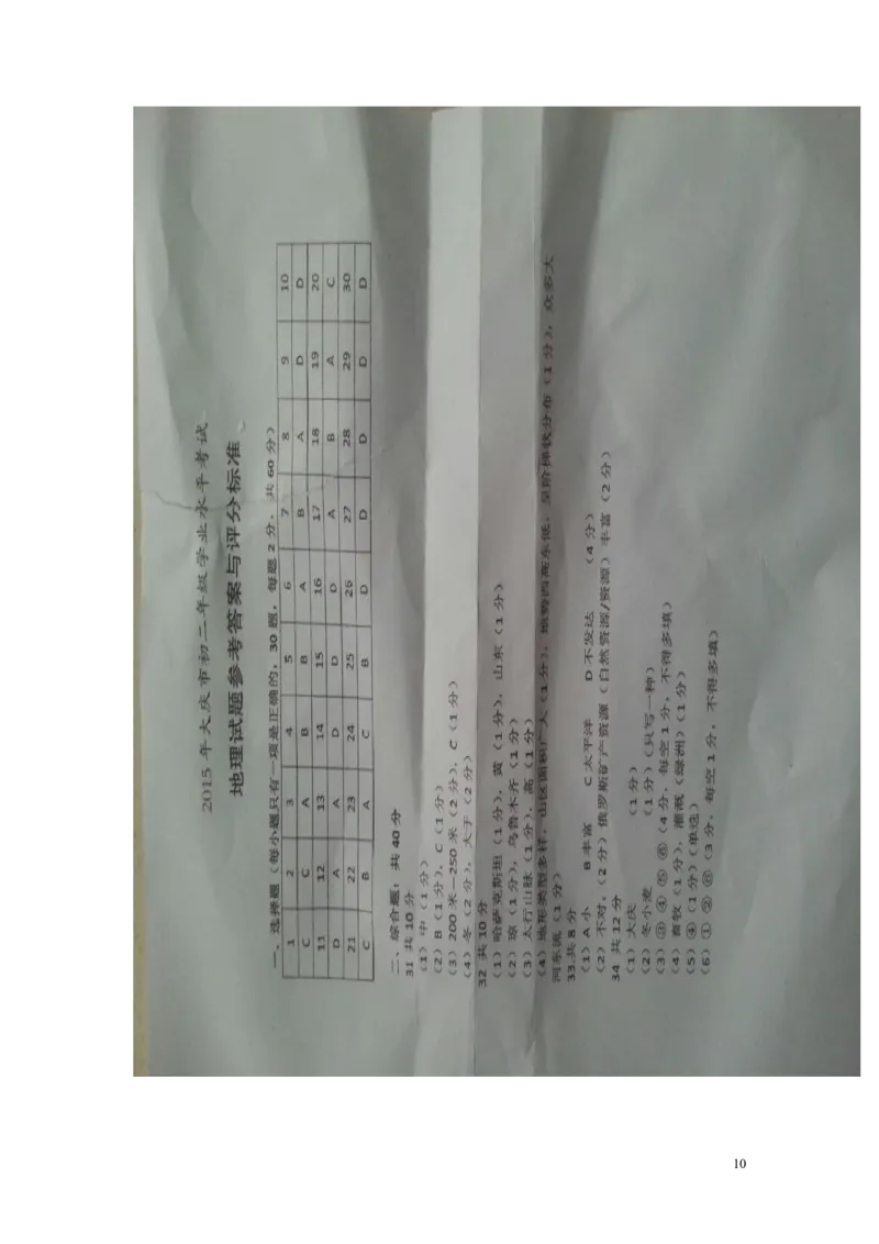 黑龙江省大庆市2015年中考地理真题试题（扫描版，含答案）_中考真题_9.地理中考真题2015-2024年_2015年全国中考地理113份