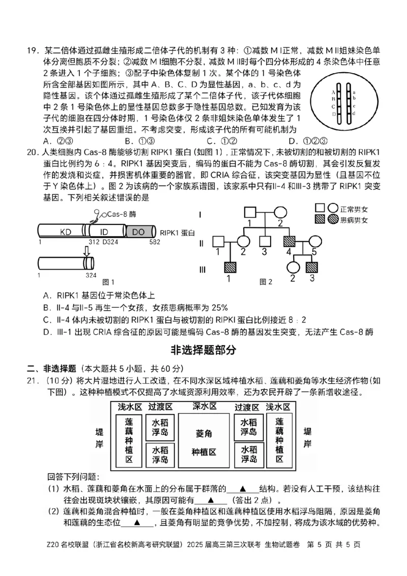 浙江Z20名校联盟2025届高三第三次联考-生物试卷_2025年5月_250517浙江省Z20联盟（浙江省名校新高考研究联盟）2025届高三第三次联考（全科）
