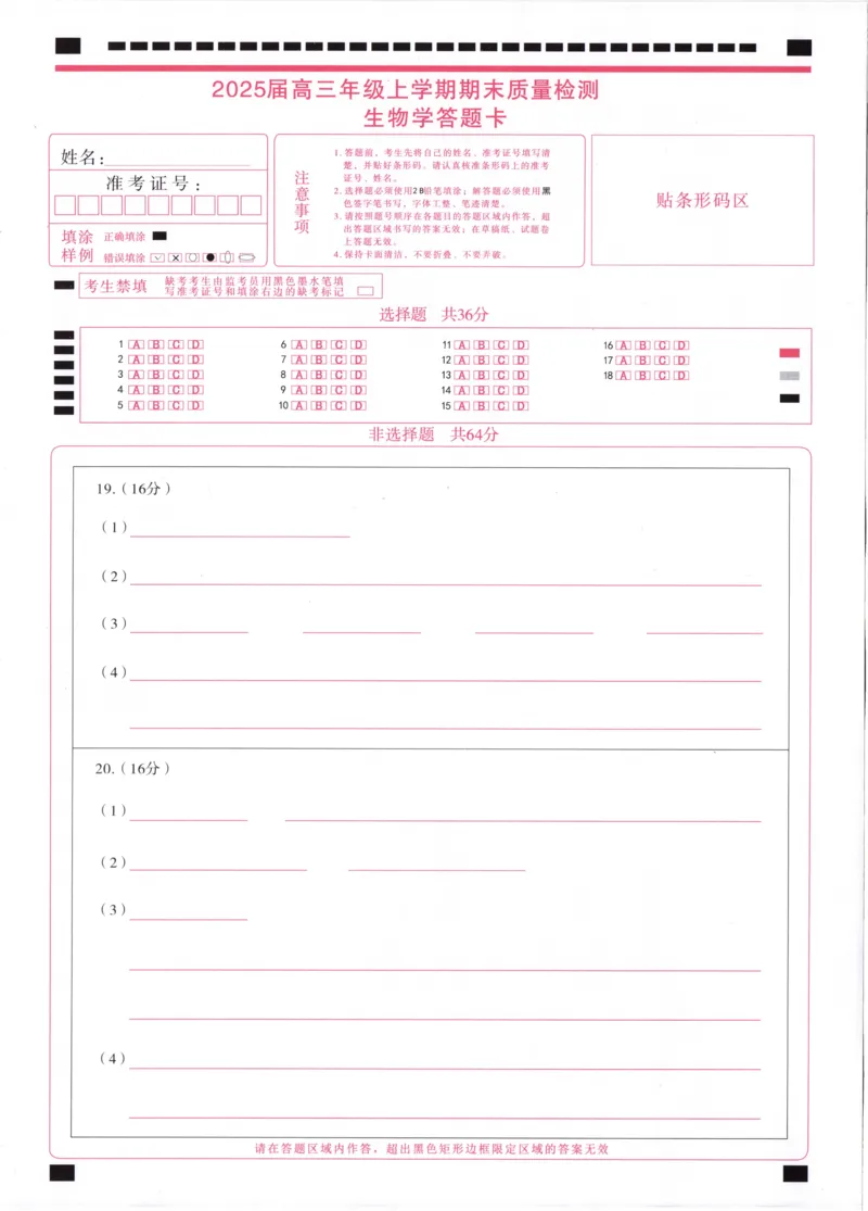 武昌区2025届高三年级上学期期末质量检测生物答题卡_2025年1月_250118湖北省武汉市武昌区2025届高三年级上学期期末质量检测（全科）_武昌区2025届高三年级上学期期末质量检测生物