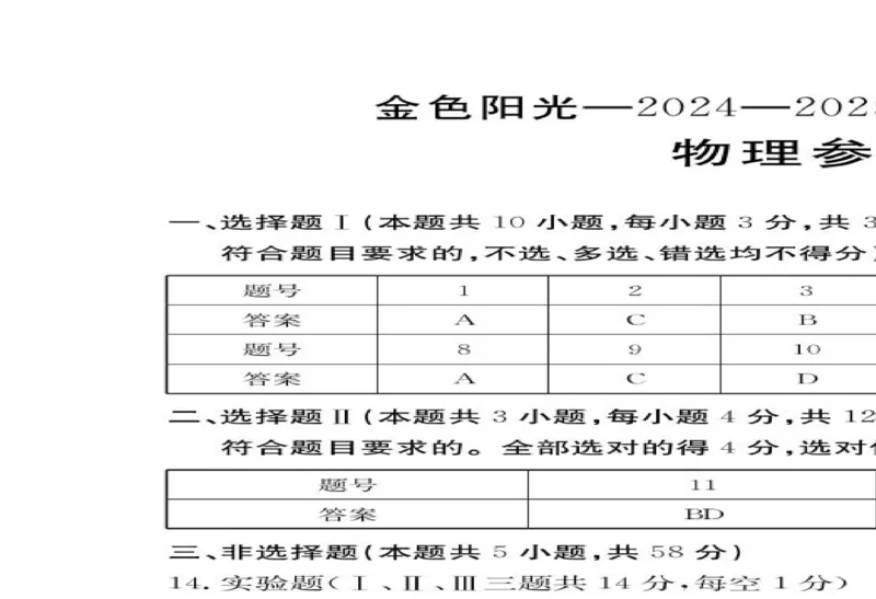 浙江省金色阳光2024-2025学年高三下学期2月适应性考试物理+答案_2025年2月_250223浙江省金色阳光2024-2025学年高三下学期2月适应性考试（全科）