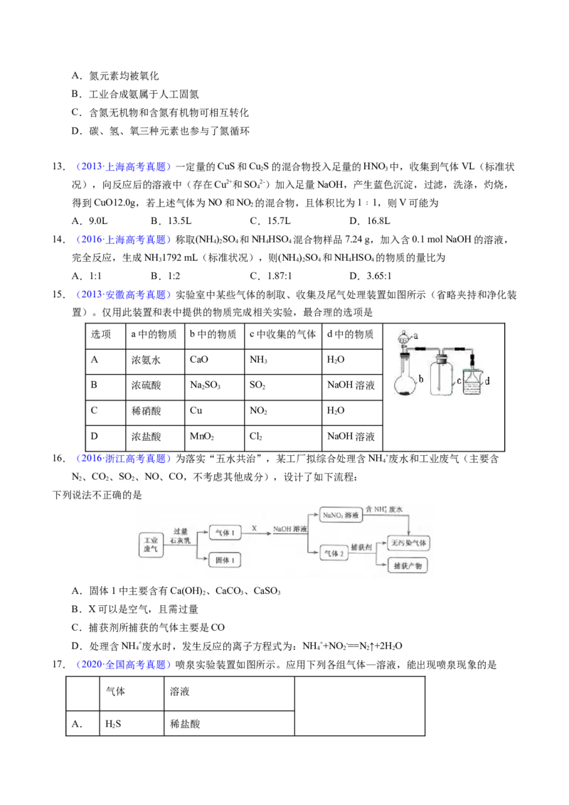 专题25氮及其化合物（原卷卷）_近10年高考真题汇编（必刷）_十年（2014-2024）高考化学真题分项汇编（全国通用）_十年（2014-2023）高考化学真题分项汇编（全国通用）