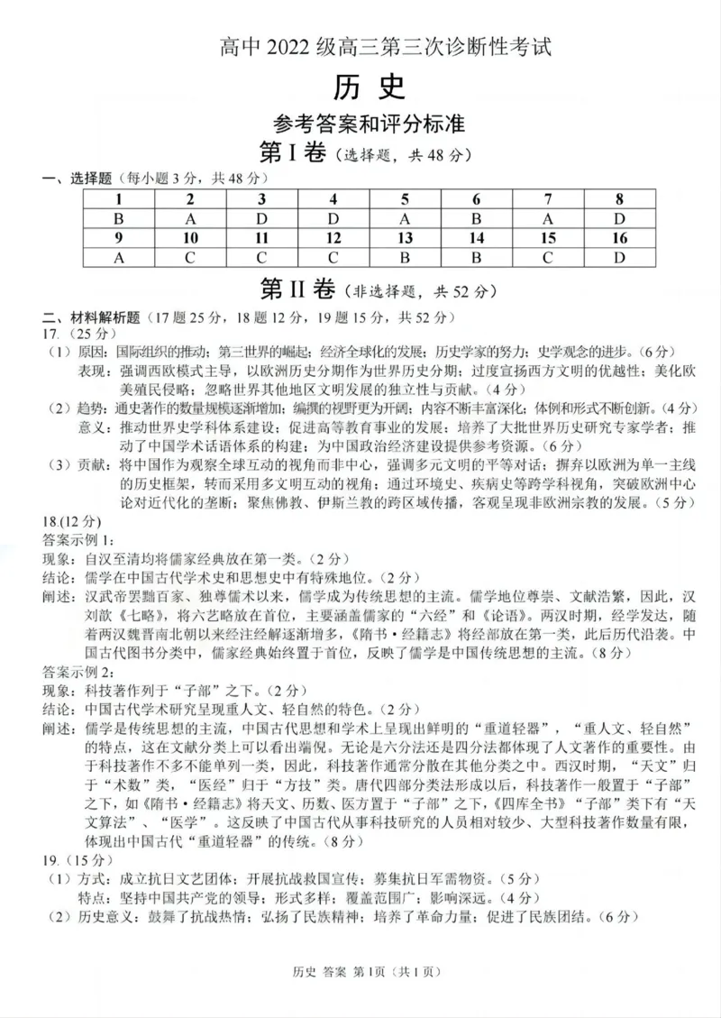 四川省元三维大联考&middot;高2022级第三次诊断性测试历史答案_2025年4月_250421四川省绵阳市高中2022级第三次诊断性考试（A卷+元三维大联考B卷）
