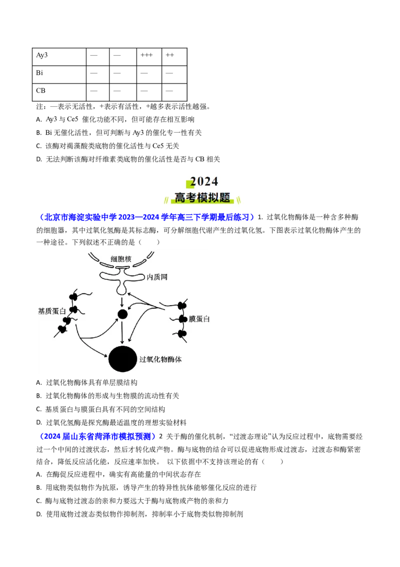 专题04ATP和酶2024年高考真题和模拟题生物分类汇编(学生卷）_近10年高考真题汇编（必刷）_十年（2014-2024）高考生物真题分项汇编（全国通用）