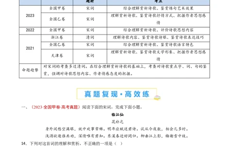 专题08古代诗歌阅读（词曲）（教师卷）_近10年高考真题汇编（必刷）_十年（2014-2024）高考语文真题分项汇编（全国通用）_五年（2020-2024）高考语文真题分类汇编（全国通用）（新增）