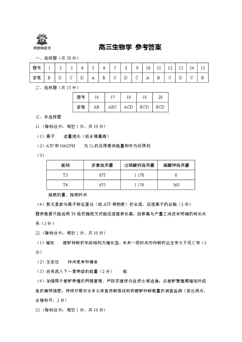 联考试卷理想树联考&mdash;东北三省精准教学生物答案_2025年5月_250529东北三省精准教学联盟2025届高三5月联考（理想树）（全科）