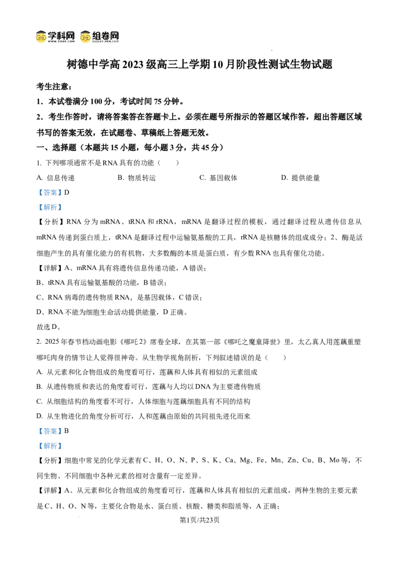 树德中学2025-2026学年高三上学期10月月考+生物答案_2025年10月_251017四川省成都市树德中学2025-2026学年高三上学期10月月考