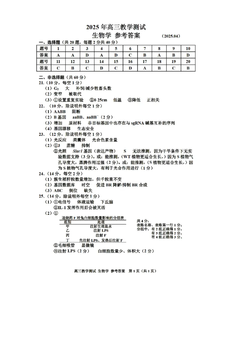 浙江省嘉兴市2025届高三下学期4月教学测试生物+答案_2025年4月_250410浙江省嘉兴市2025届高三下学期4月教学测试（嘉兴二模）（全科）