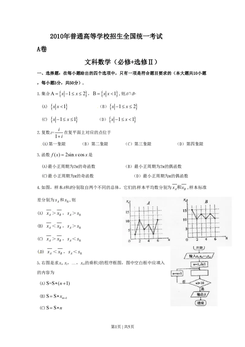 2010年高考数学试卷（文）（陕西）（空白卷）_数学历年高考真题_新&middot;PDF版2008-2025&middot;高考数学真题_数学（按年份分类）2008-2025_2010&middot;高考数学真题