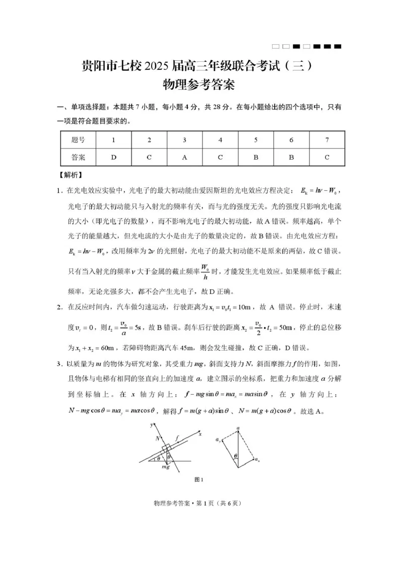 贵州省贵阳市七校2025届高三下学期联合考试（三）物理+答案_2025年4月_250412贵州省贵阳市七校2025届高三下学期联合考试（三）（全科）