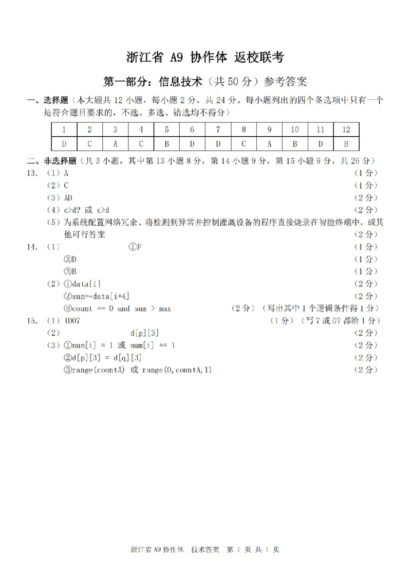 浙江省A9协作体暑假返校联考技术答案_2025年8月_250828浙江省A9协作体暑假返校联考（全科）