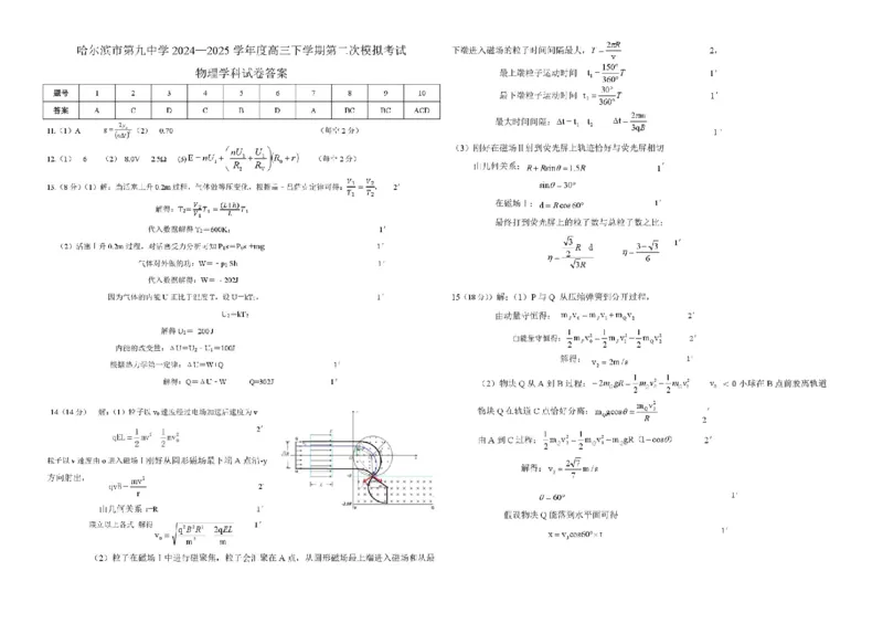 黑龙江省哈尔滨市第九中学校2024-2025学年高三下学期第二次模拟考试物理+答案_2025年4月_250404哈尔滨市第九中学校2025届高三下学期第二次模拟考试（全科）