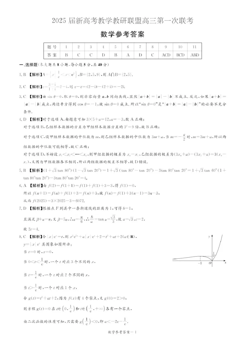 数学答案_2025年3月_2503022025届湖南省新高考教学教研联盟第一次联考（全科）_湖南省新高考教学教研联盟2025届高三下学期第一次联考（一模）数学试卷（含答案）