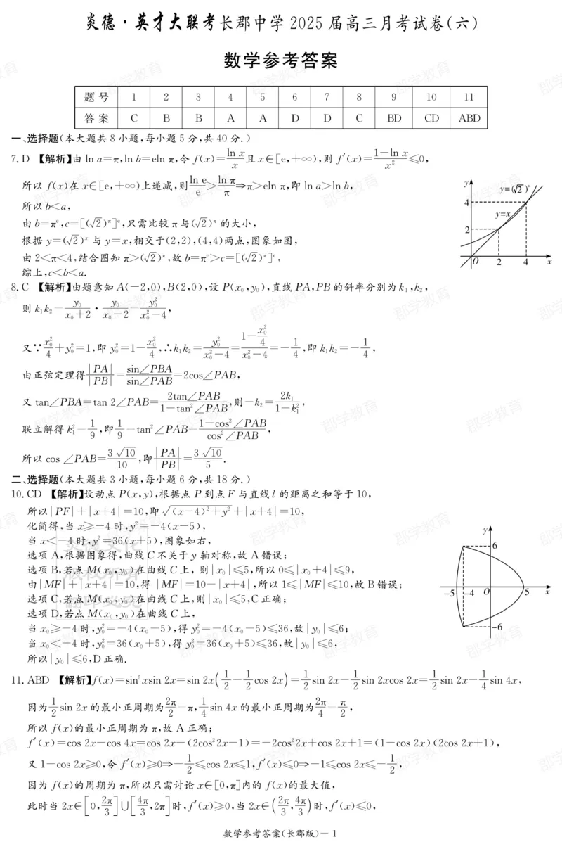 湖南省炎德&middot;英才大联考长郡中学2025届高三月考试卷（六）数学答案_2025年2月_250209湖南省炎德&middot;英才大联考长郡中学2025届高三月考试卷（六）（全科）