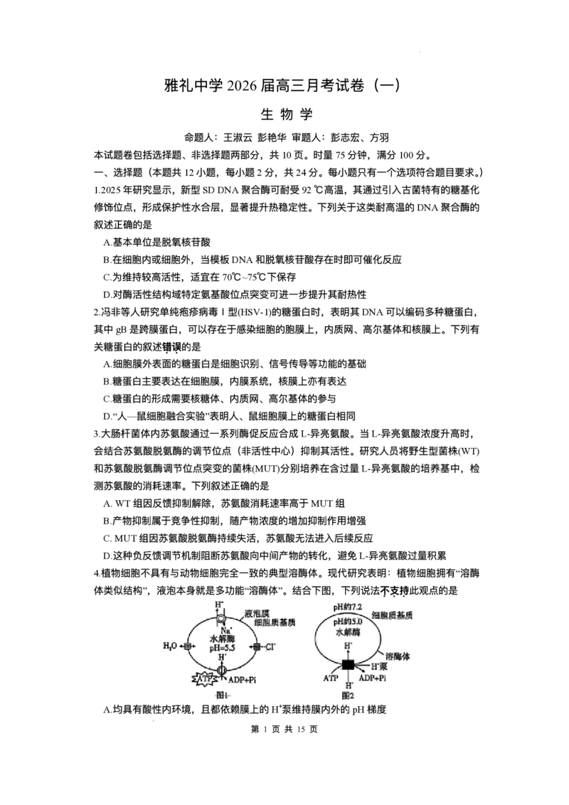 湖南省长沙市雅礼中学2025-2026学年高三上学期月考（一）生物试题（含答案）_2025年8月_250818湖南省长沙市雅礼中学2025-2026学年高三上学期月考（一）（全科）