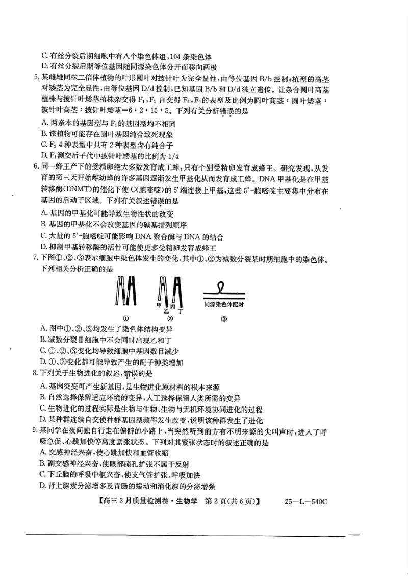 山西省三晋卓越联盟2025届高三3月联考（25-L-540C）生物+答案_2025年3月_250307山西省三晋卓越联盟2025届高三3月联考（25-L-540C）（全科）