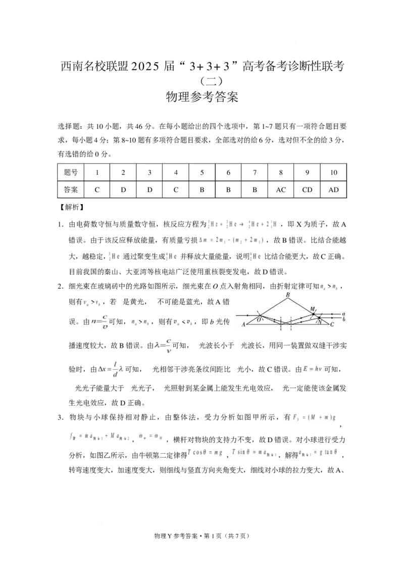 西南（云南四川贵州）名校联盟2024-2025学年高三&ldquo;3+3+3&rdquo;高考备考诊断联考（二）物理试题+答案_2025年3月_250325西南名校联盟2025届&ldquo;3+3+3&rdquo;高考备考诊断性联考(二)（全科）