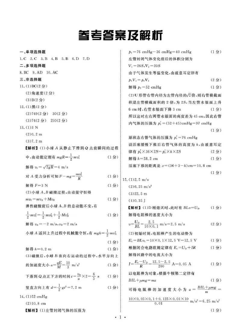 物理答案_2025年3月_250317河北省衡中同卷2025届高三下学期综合素质评价（一）（全科）_河北省衡中同卷2025届高三下学期综合素质评价（一）物理